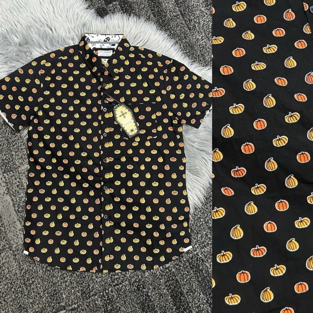 Eighth Avenue Mens Slim Fit Short Sleeve Button Shirt Pumpkin Halloween‎ Medium